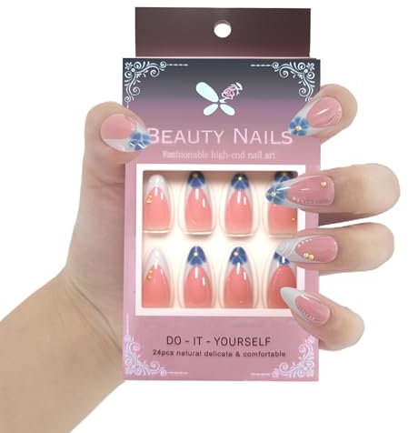 French Press-on Nails, Short False Nails, Almond False Nails Reusable, 24PCS Blue Stick on Nails (B)