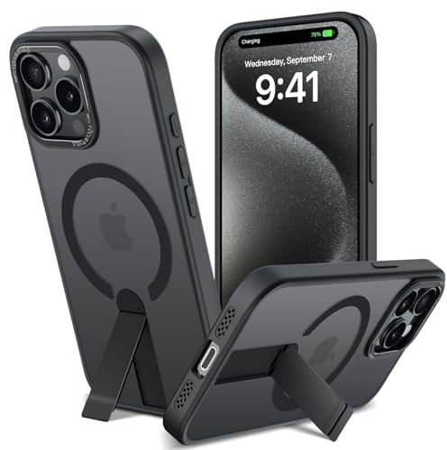 Cover con Cavalletto Metallico per iPhone 15 Pro Max, Compatibile con MagSafe, Custodia Traslucido Opaca Anti-Graffio con Invisibile Supporto Antiurto Protettiva Case, 3 Modalità di Supporto