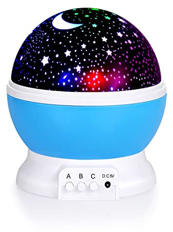 SUNNEST Night Light Star Projector, 360° Rotating with Timer, 8 Color Changing Modes, Dimmable, USB/Battery Operated, White Blue - for Children's Bedrooms/Party/Game Rooms
