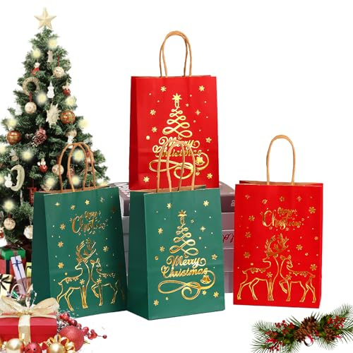 Cveenk Geschenktüten Weihnachten 24 Stück, Personalisierte weihnachtstüten Papiertüten mit Griff, Weihnachtstaschen Kraftpapiertüten Geschenktasche für Weihnachten Partys (21 x 15 x 8 cm)