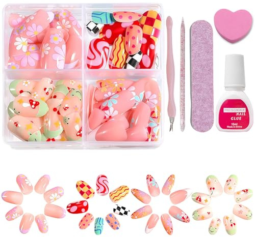 96 Pcs Künstliche Fingernägel - 4 Designs Nägel Zum Aufkleben French - Falsche Nägel Tips mit Blumen Frösche Marienkäfer Linie Design - Reichlich Kunstnägel Press on Nails Almond für Frauen (B)
