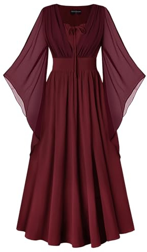 SCARLET DARKNESS Women Renaissance Lace-up Bell Sleeves Medieval Maxi Dress | V-Neck, 3/4 Bell Sleeves, Lace-up Front, High Waist, Smocked Back, Slit at the front left hem, Pockets on Both Sides