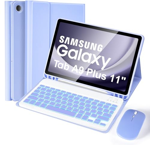 Étui avec clavier rétroéclairé et souris pour Samsung Galaxy Tab A9+/A9 Plus 2023 11 (SM-X210/X215/X216) - Clavier britannique amovible Bluetooth pour Samsung Tab 11 (Violet)