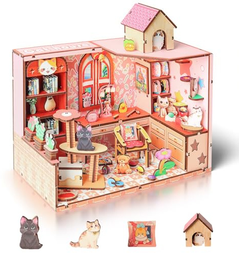 Cuteefun Miniature Casa delle Bambole, Kit da Casa di Bambole in Legno con LED, Struttura a Incastro, Facile da Assemblare, Regalo per Compleanni, Natale e Halloween (Casetta per Gatti)
