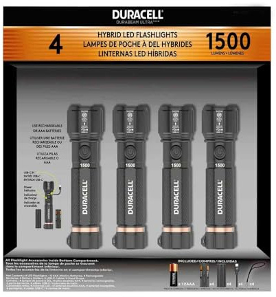 Duracell 1500 Lumen Dual Power Flashlight, 4 Pack