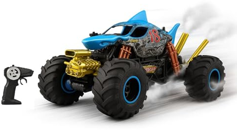 Crazon - Coche Teledirigido - Monster Truck Teledirigido para Niños +3 años - Escala 1:10 - hasta 20Km/h - con Luces y Efecto de Humo - Vehículo Interactivo con Mando a Distancia - Diseño de Tiburón