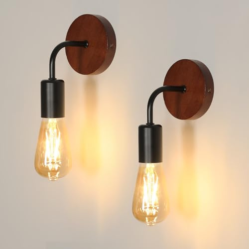 Tealight Wandleuchte Innen 2 Stück, Wandlampe Vintage Innen, Wandleuchte Holz Retro Lampe aus Metall und E27 für Wohnzimmer, Schlafzimmer, Flur, Restaurant, Walnussholzfarbe(Ohne Leuchtmittel)