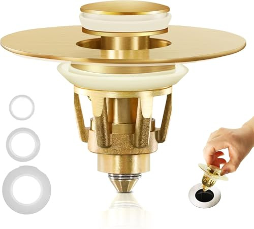 Ø 30-44mm abflussstopfen waschbecken, Universal Pop Up stöpsel waschbecken mit 3 Dichtungen, abflussstöpsel Ablaufgarnitur mit Anti Clogging Sieb, für Aufsatzwaschbecken badewannenstöpsel (Gold*1)