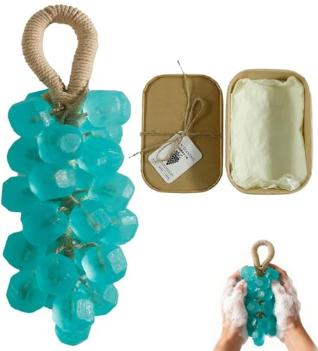 Grape Soap on a Rope, Handmade Grape Shaped Soap with Brown Cotton Rope, Unique Soap Grapes for Women and Men, 18 x 6.5 cm