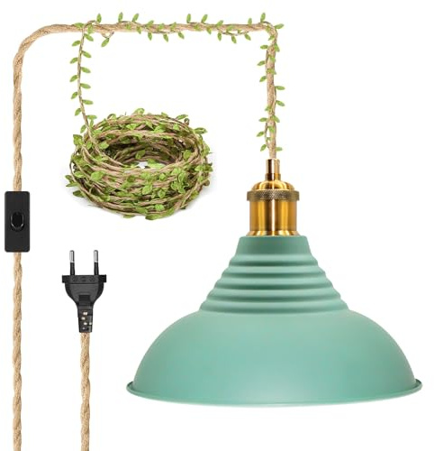 ZRLXFM Outdoor Hanfseil Pendelleuchte mit Stecker, Lampenschirm Hängelampe mit 5.1M Kabel und Schalter, Lampenfassung E27 Hängend Pavillon Beleuchtung Metall Hängeleuchte inkl. 5m grünes Dekoband