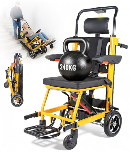 240KG Elektrischer Treppensteiger Rollstuhl Faltbar mit Gummikette, Elektrischer Kletternder Rollstuhl mit LED & Vierpunktgurt, Rettungstrage Treppenlift Medizinische Rettungstrage für Senioren (Gelb)