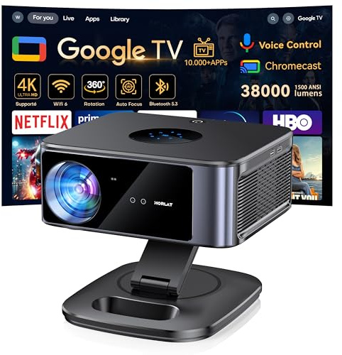 Vidéoprojecteur 4K Supporté 1500 ANSI 38000 Lumen avec Google TV Officiel, Netflix Youtube, Auto Focus, WiFi 6 Bluetooth 5.3, Contrôle Vocal, Rotatif 360°, Home Cinéma Salon et Chambre
