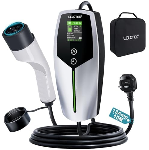 LCLCTEK® 3KW EV Charger Cable Type 2 to 3 Pin Plug 32Ft/10M,Portable UK 3 Pin EV Charger,Electric Car Charger [6/8/10/13A],Car-Charger with LED Display, IP65 Waterproof,Type 2 Cable EVs and PHEV