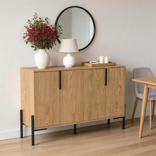 Gdchanyiyi Sideboard, Fluted Scandinavian Sideboard with 4 Doors and Adjustable Shelves, Living Room Cabinets Sideboard Storage Cabinet for Kitchen Dining Room Hallway (Natural)