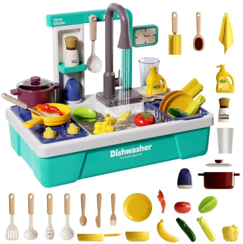 Toddler Play Sink with Running Water,Pretend Role Play Kitchen Toys for Kids with Accessories Vegetable Fruit,Electric Dishwasher with Automatic Water Cycle System,Water Play Gifts For Boys Girls