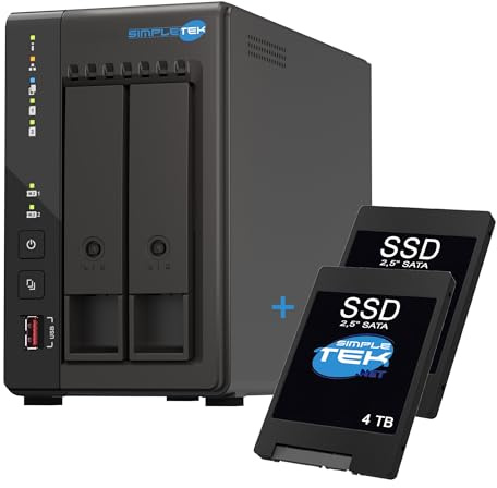 SIMPLETEK - 2-Bay NAS Server Storage with 2x 4TB SSD - Quad-Core 2.0GHz - 8GB DDR4 RAM Integrated - 2 M.2 NVMe Slots - Dual Network 2.5GbE