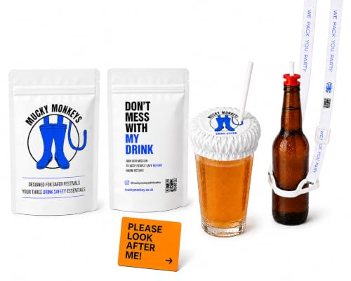 Anti-Spiking Kit – Drink Cover, Bottle Stoppers & Lanyard | Mucky Monkeys | Includes reusable drink cover, 2 bottle stoppers, drinks lanyard, safety card and practical safety information
