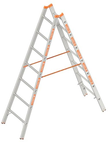 Layher 1039007 Sprossenstehleiter Topic, Aluminiumleiter 2x7 Sprossen, beidseitig begehbar, klappbar, Länge 2.10 m