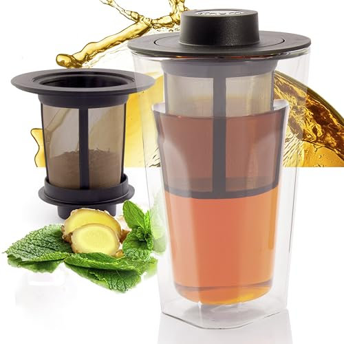 Finum SMART BREW SYSTEM (320 ml) - Doppelwandiges Teeglas, Filter & Deckel & Abtropfschale, Glas, Tee Becher, Teefilter, Glasbecher, Teebehälter, Tea Cup, Filtereinsatz, BPA-frei, Tee-Filter - Schwarz