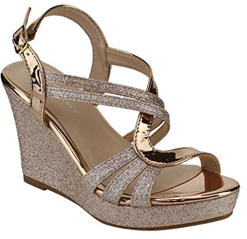 Forever Link Women's Glitter Strappy Wrapped Wedge Heel Platform Sandals, Rose Gold, 4.5 UK