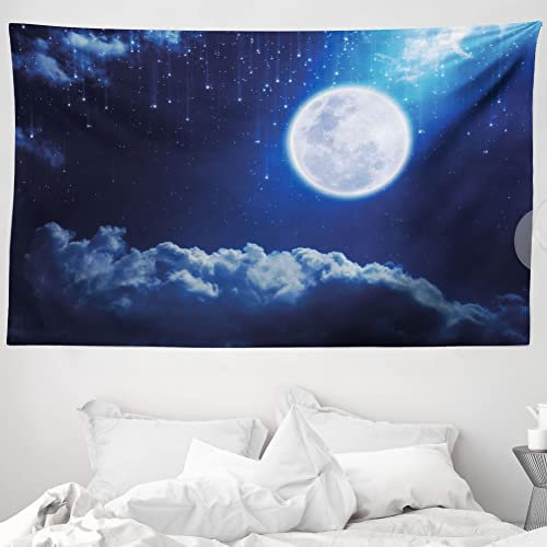 ABAKUHAUS Mond Wandteppich und Tagesdecke, Vollmond Sternschnuppen aus Weiches Mikrofaser Stoff Waschbar ohne Verblassen Digitaldruck, 230 x 140 cm, Indigo Weiß