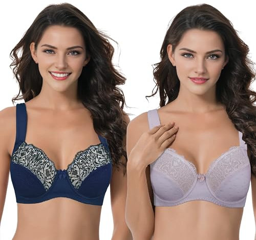 Curve Muse - Soutien-Gorge Grande Taille Balconnet avec Armatures avec Bretelles Matelassées et Dentelle - Pack de 2-Marine, Mauve-100B