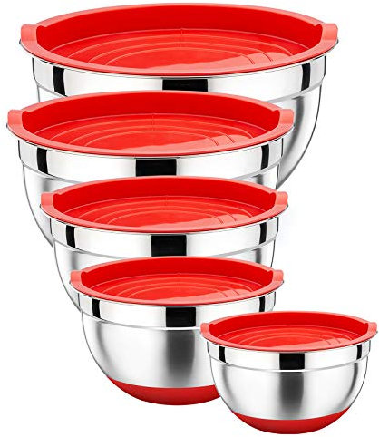 HaWare Rührschüssel 5er-Set, Edelstahl Salatschüssel Schüssel Set mit Deckel und Silikonboden, Stapelbar & Vielseitig, Spülmaschinenfest, 6.6 L / 3.5 L / 2.5 L / 1.5 L / 1 L - Rot