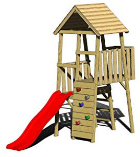 Torre da gioco in legno con torre da gioco e scivolo rosso | Piattaforma 2 piani - 90 cm e 120 cm di altezza | Parco giochi esterno impregnato con parete da arrampicata e accessori da gioco