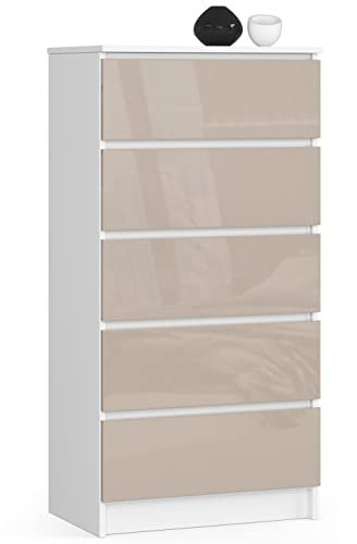 AKORD Kommode K60 mit 5 Schubladen | für das Wohnzimmer Schlafzimmer Schrank Büro Arbeitszimmer | Modernes Funktionales Design | B60 x H121 x T40 cm, Gewicht 39kg | Weiß/Glänzender Cappuccino
