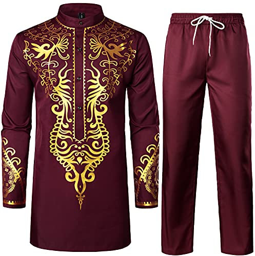LucMatton Ensemble africain 2 pièces pour homme manches longues Imprimé Dashiki et pantalon Doré Costume traditionnel, Bordeaux., XL
