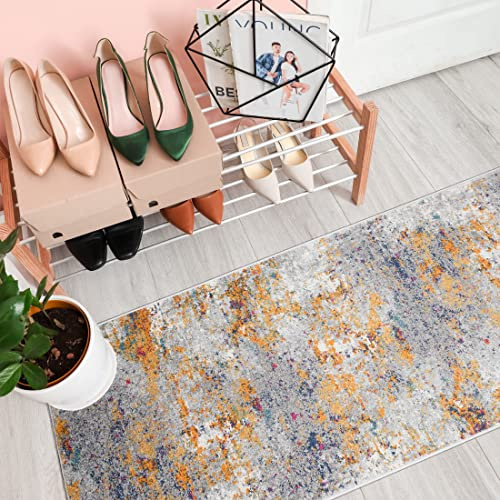 Mazovia Teppich Läufer Flur - Modern Abstraktes Teppichläufer - Kurzflor Flurläufer für Vorzimmer, Schlafzimmer, Küche - ÖKO-TEX Zertifiziert - Meterware - Grau Gelb - 80 x 400 cm