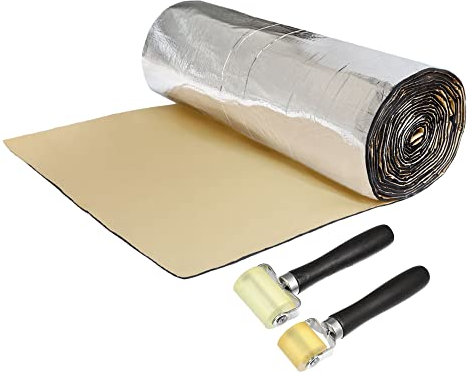 sourcing map 1㎡ 5mm Isolant Phonique Voiture Isolation Thermique Aluminium Capot Moteur Coffre Porte avec Outil Rouleau 100x100cm