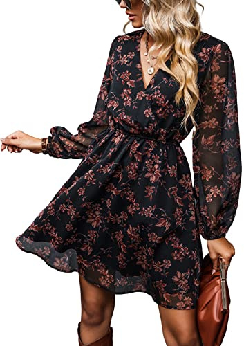 CUPSHE Women's Floral Print Chiffon A-Line Mini Dress Long Peasant Sleeves Elastic Autumn Dress