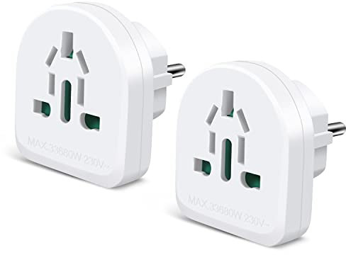 EXTRASTAR Adaptador Enchufe Europeo a Múltiples Enchufes Nacionales, Adecuado para Viajar, 250V, 16A, 3680W, Blanco, 2Pcs