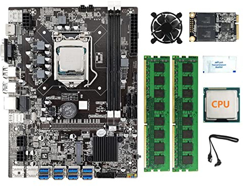 Lodokdre B75 8USB BTC Motherboard Kit+CPU+2X4G DDR3 RAM+128G SSD+Ventilador CPU+Cable SATA+Grasa Térmica LGA1155 DDR3 Ranura MSATA