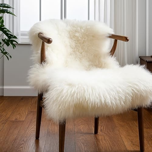 WeFiner Genuine Sheepskin Rug – New Zealand Sheep Skin Fluffy Soft Single Pelt Lambskin for Bdroom, Living Room, Sofa, Chair, Bedside – Natural Ivory White Area Rug (2 x 3 ft)