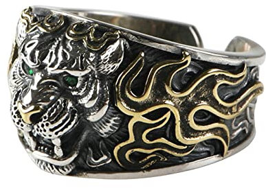 Ayoiow Ringe 925 Silber Herren, Herrenring Verstellbar Tiger Ringe Silber