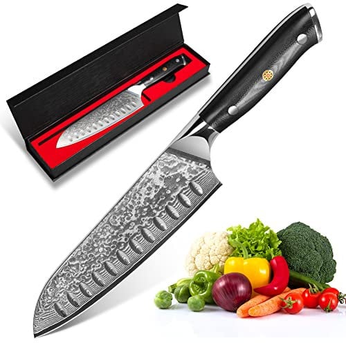 Damascus Santoku Knife - Chef Knife 17.6 cm Made of 67 Layers of Damascus Steel with Triple Rivets G10 Handle - Kitchen Knives for Home Restaurant, Chef's Knives Sharp & Balanced