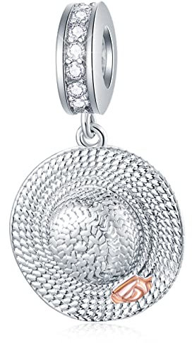 Sombrero de Paja de Hawaii con Colgante de Flor Rosa Charms, Se adapta a la pulsera de viaje de Pandora para mujer, cuentas de plata esterlina 925 CZ Dangle Summer Ladies Sun Cap