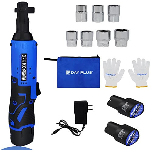 12V Cordless Ratchet Wrench 3/8'' Sq Drive 90 Degree Right Angle Electric Ratchet Wrench,40N.m Torque Power Ratchet Wrenches Set with 2pcs 1.5Ah Li-Ion Batteries,60-min Fast Charger and 7 Sockets