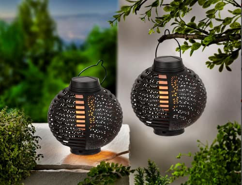 SONNENKERZE SOLAR-LATERNEN FLAME, 2ER-SET SCHWARZ, 2 IN 1 FUNKTION: HÄNGELEUCHTE, TISCHLEUCHTE MIT LED FLAMMEN-EFFEKTBELEUCHTUNG