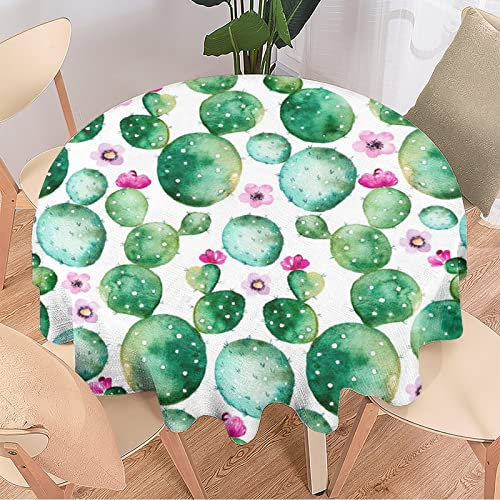 Aquarell Kaktus Vintage Runde Tischdecke Home Decor, Classic Fashion Rustikal Desert Green Wild Cactus Pink Cherry Blossoms Wasserdicht Oil-Proof Spill-Proof Durable Round Table Cover 50\
