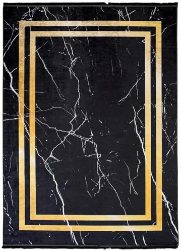 Mazovia Modern Teppich - Kurzflor Waschbar - Weich Teppich für Wohnzimmer, Schlafzimmer, Esszimmer – Teppiche Marmor Abstrakt Muster - Schwarz Gold 80 x 150 cm