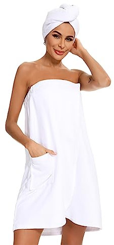 Sauna Frottee Kilt Saunasarong S-XXL Damen,Saunatuch Saunakilt mit Druckknöpfen,Tasche und Gummizug,Bademantel für Frauen aus saugstarkem Baumwoll-Frottier,Saunatuch Knielang Größe:36-46 (S,Weiß)