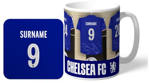 Personalised Dressing Room Shirts Photo 11oz Mug & Coaster Set for Chelsea FC Supporters, Officially Licensed, with Club Colours, Ideal for Blues Fans
