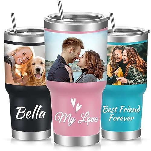 Personalized 30oz Photo Tumbler with Lid and Straw Custom Stainless Steel Travel Mug Coffee Cups with Picture Name Text Customized Christmas Birthday Gifts for Women Men Friends Dad Mom