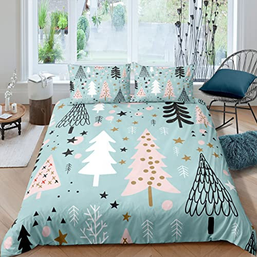 KLJFIGUT Bettwäsche 155x220 Blauer Tannenbaum Weiche Mikrofaser Bettbezug mit Reißverschluss, Bettwäsche-Sets für Kinder - 1 Bettbezüge und 2 Kissenbezüge 80x80 cm