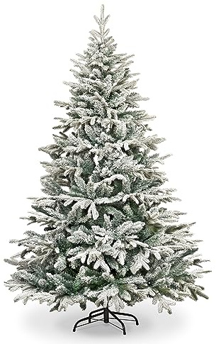 Garden Store Direct Lapland Fir Covered Artificial Christmas Tree Snow Flocked PE PVC Mixed Tips Hinged Branches Bushy Luxury Xmas Home Snowy Decorations 4ft to 10ft (5ft (150cm), Snow Flocked)