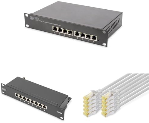 DIGITUS Set: 10 Zoll Netzwerk-Set – 1x PoE-Switch, 8-Port, Managed, Ethernet-Switch – 1x Patchpanel Cat-6A , 8-Port, LSA – 10x Netzwerkkabel Cat-6A, Patchkabel Grau, 0.25 m