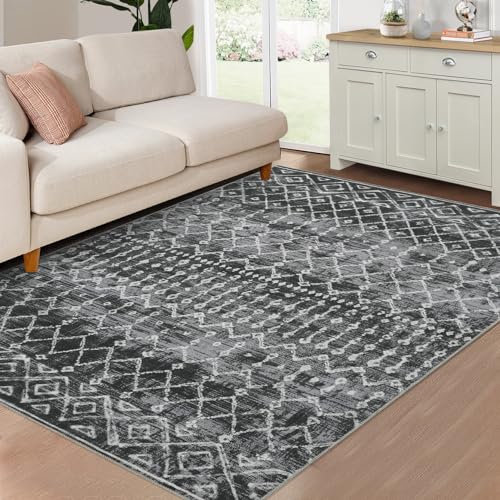 LuxFocus Großer Boho Teppich für Wohnzimmer & Schlafzimmer - Marokkanischer Kurzflor, Schmutzabweisend, Rutschfest, Schwarz, 200x290 cm